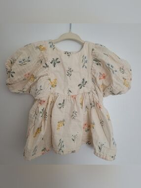 🧸2/20$ H&M Cream Floral Puff-Sleeve Peasant Top 12-18M Baby Girl